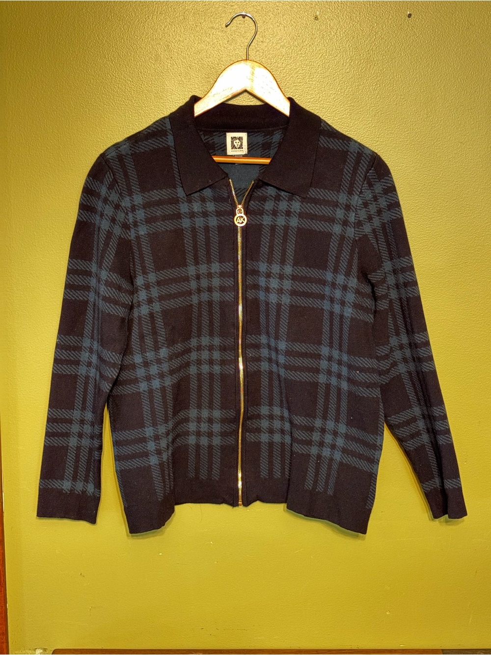 Anne Klein Dark Teal Tartan Zip-Front Cardigan Sweater